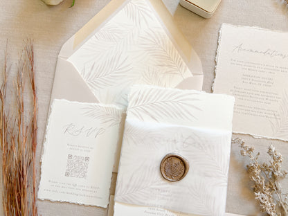 Tropical Palm Leaf Wedding Invitation with Vellum & Wax Seal