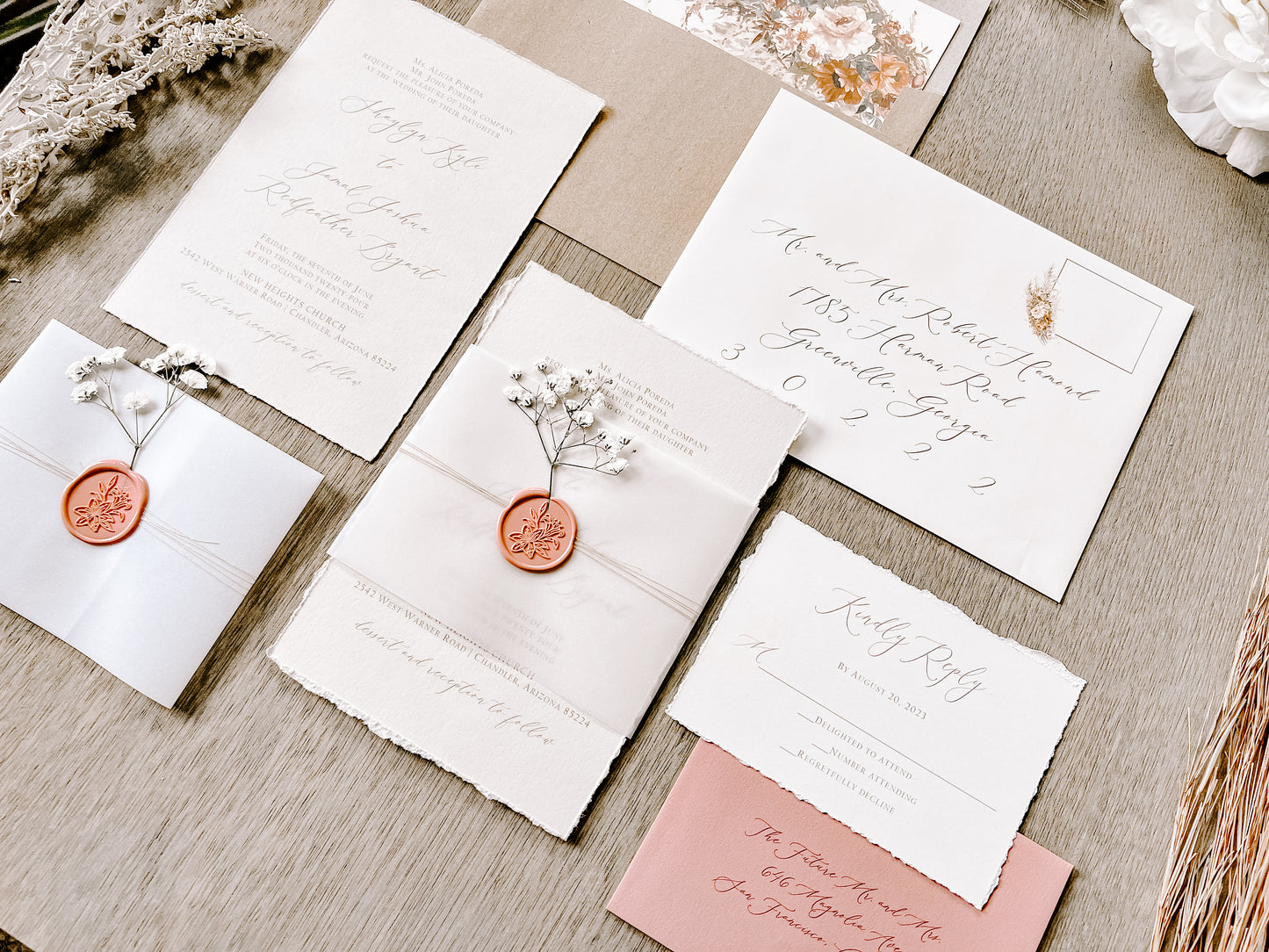Dusty Rose Pink Wedding Invitation with Baby’s Breath, Deckled Edging, Vellum Belly Band and Wax Seal