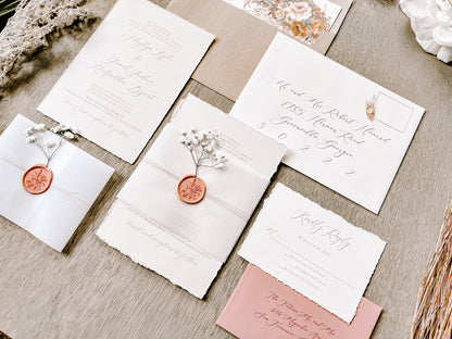 Dusty Rose Pink Wedding Invitation with Baby’s Breath, Deckled Edging, Vellum Belly Band and Wax Seal
