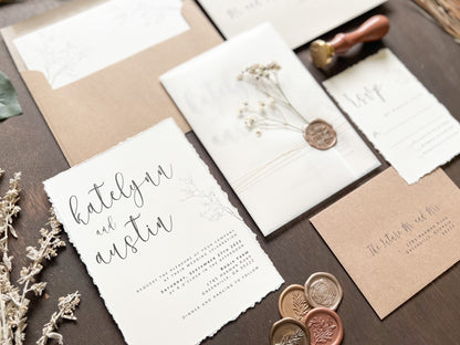 Baby’s Breath Wedding Invitation with Deckled Edging, Vellum Wrap and Wax Seal