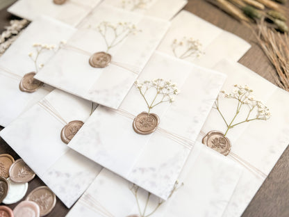 Baby’s Breath Wedding Invitation with Deckled Edging, Vellum Wrap and Wax Seal