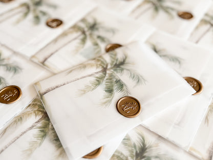 Tropical Wedding Invitation with Palm Tree, Vellum & Wax Seal