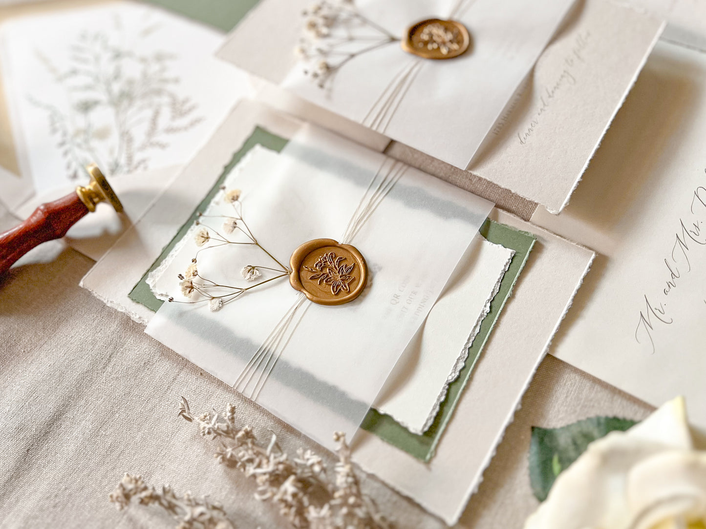 Baby’s Breath Wedding Invitation with Deckled Edging, Baby’s Breath, Vellum and Wax Seal