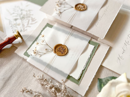 Baby’s Breath Wedding Invitation with Deckled Edging, Baby’s Breath, Vellum and Wax Seal