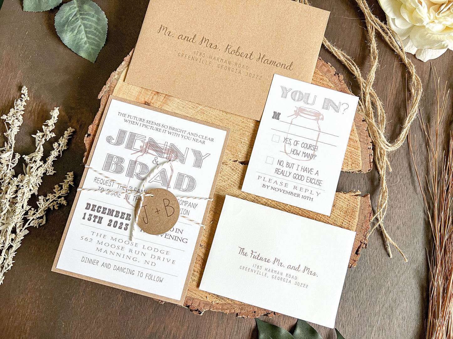 Country Farm Barn Wedding Invitation with Twine and Round Monogram Tag