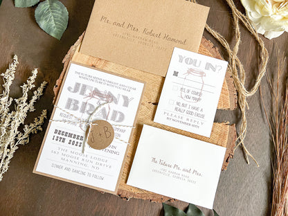 Country Farm Barn Wedding Invitation with Twine and Round Monogram Tag