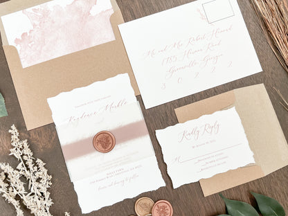Copper Wedding Invitation with Deckled Edging, Vellum Belly Band, Chiffon Ribbon and Wax Seal