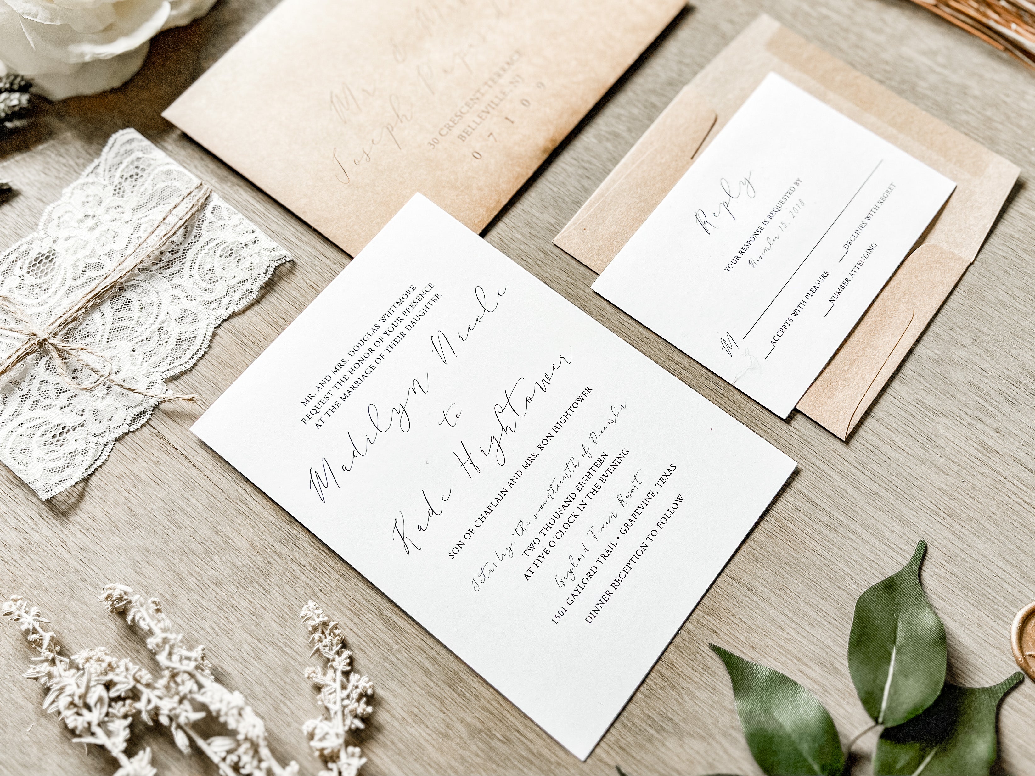 Rustic Lace Wedding Invitation with twine