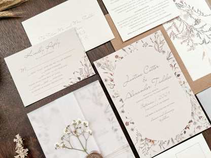 Baby’s Breath Wedding Invitation with Deckled Edging, Vellum Wrap and Wax Seal