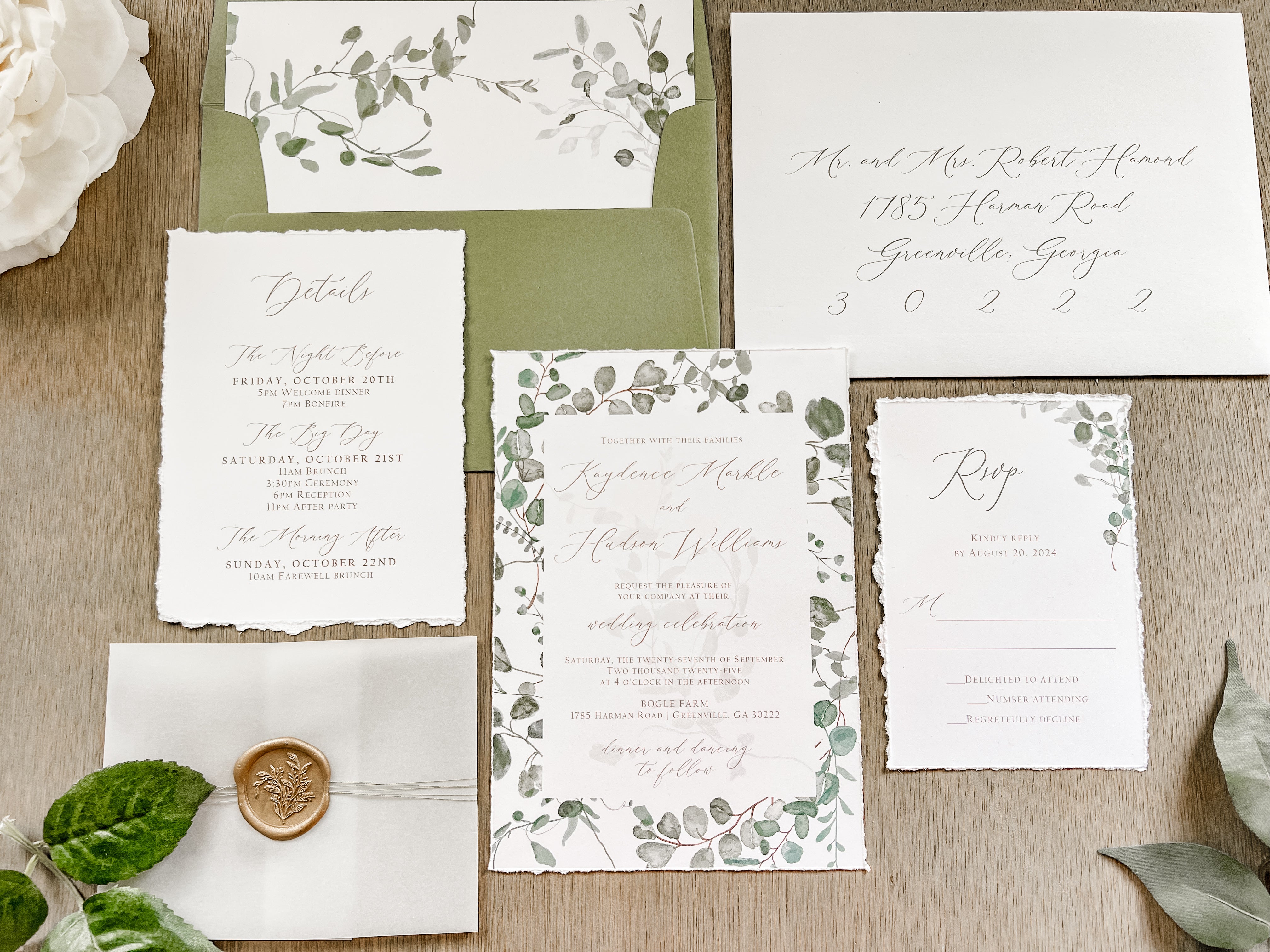 Eucalyptus Greenery Wedding Invitation with Deckled Edging, Vellum Belly Band and Wax Seal