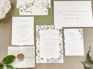 Eucalyptus Greenery Wedding Invitation with Deckled Edging, Vellum Belly Band and Wax Seal
