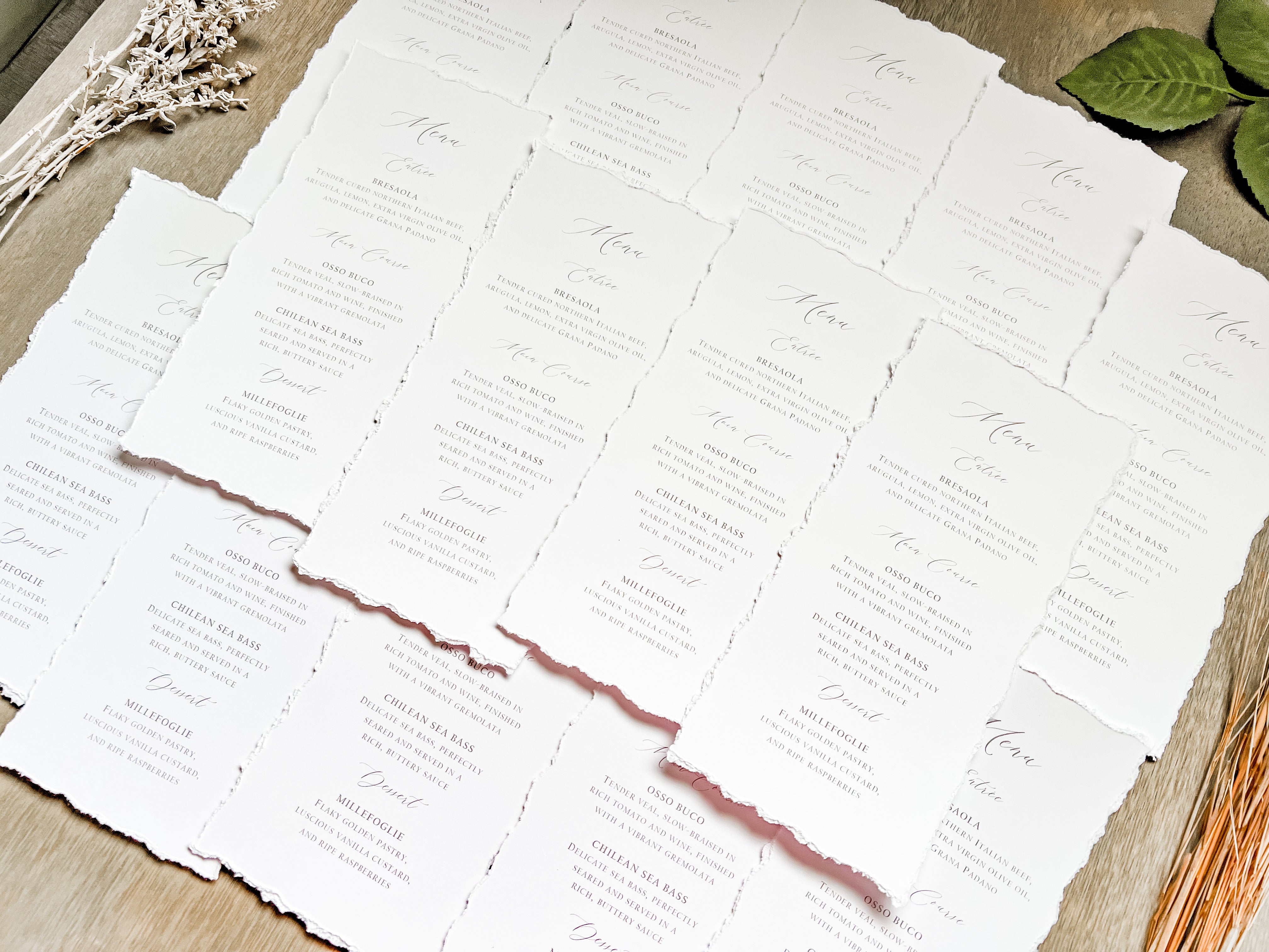Simple Wedding Menus with Deckled Edging (Corresponding Place Cards sold separately)