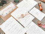 Neutral Wedding Invitation with Deckled Edging, Chiffon Ribbon and Nude Wax Seal