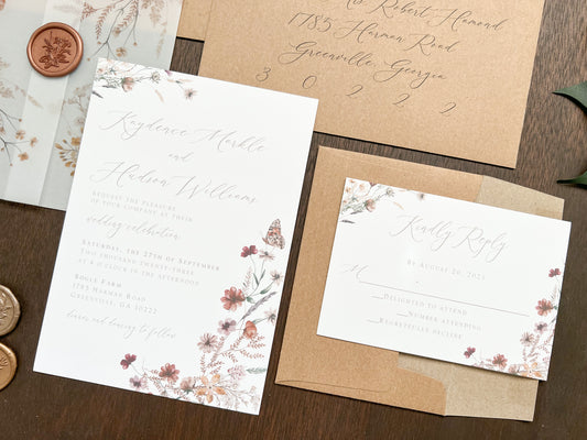 Wildflower Vellum Wedding Invitation with Rust & Terracotta Florals and Copper Wax Seal