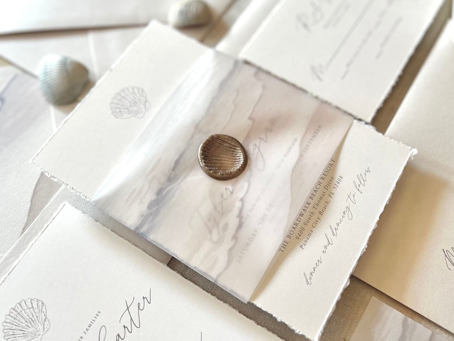 Ocean Waves Beach Wedding Invitation with Vellum & Wax Seal