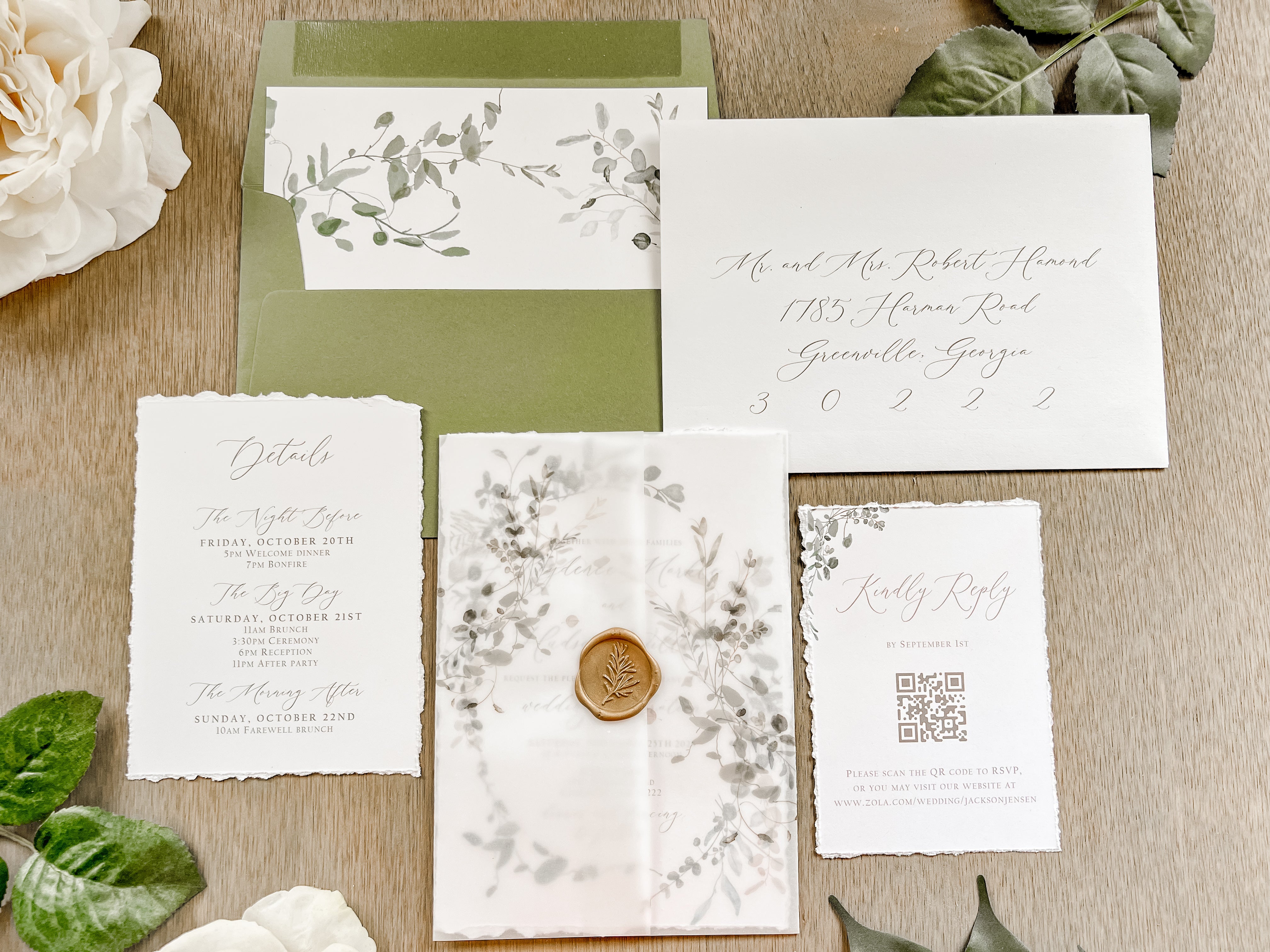 Greenery Wreath Wedding Invitation with Eucalyptus Vellum, Deckled Edging & Wax Seal