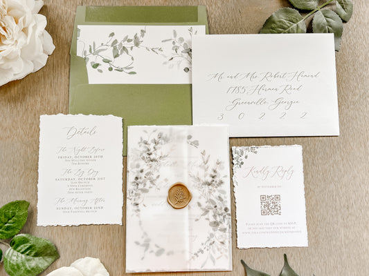 Greenery Wreath Wedding Invitation with Eucalyptus Vellum, Deckled Edging & Wax Seal