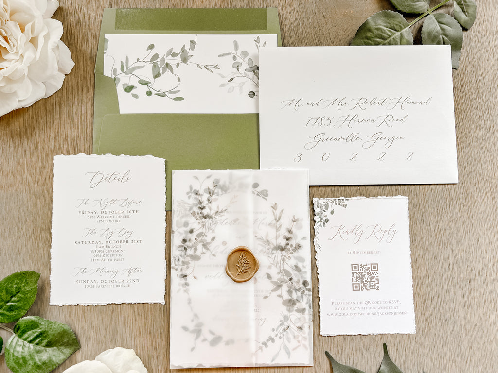 Greenery Wreath Wedding Invitation with Eucalyptus Vellum, Deckled Edging & Wax Seal
