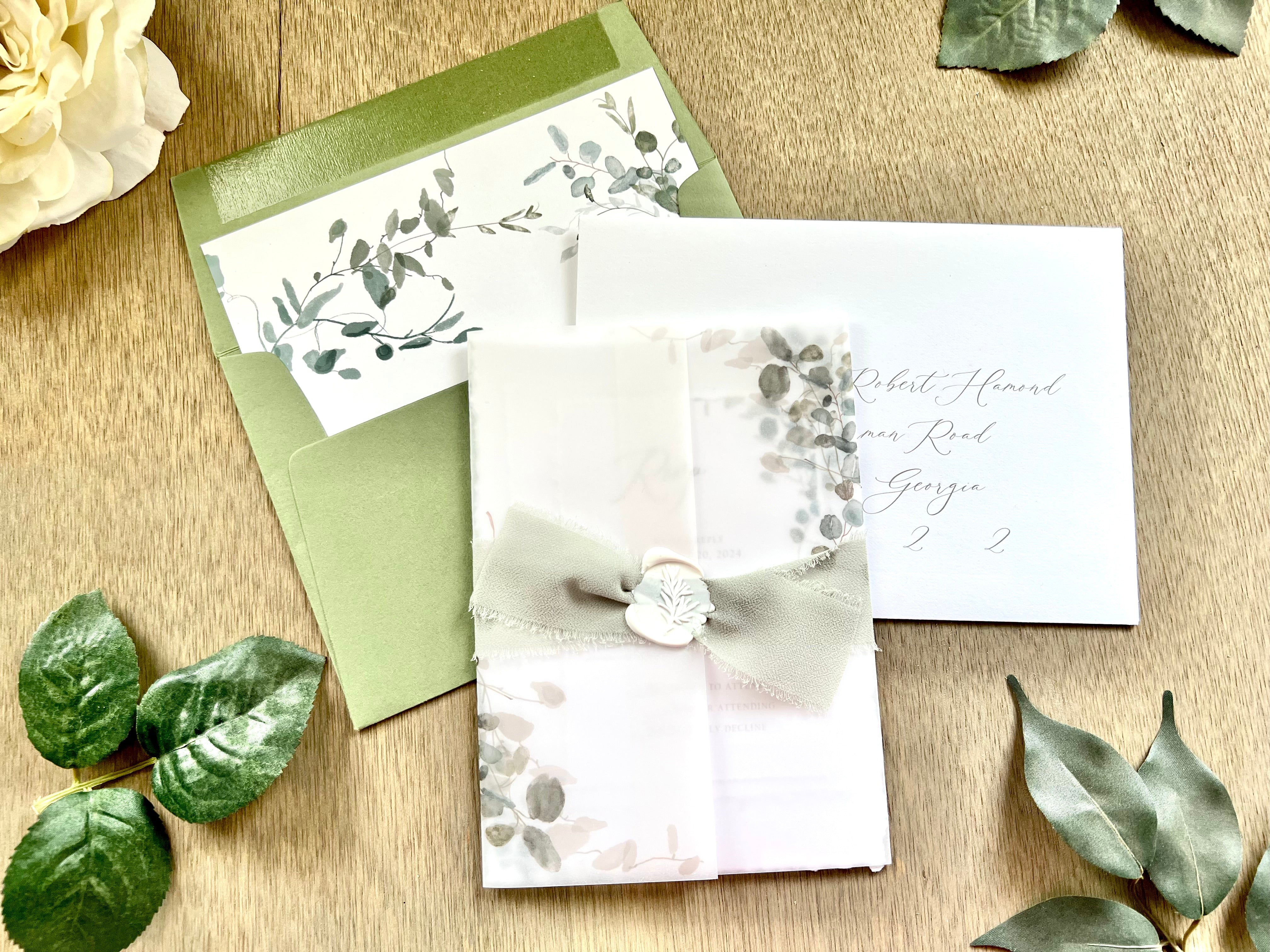 Greenery Vellum Wedding Invitation with Ribbon, Wax Seal & Deckled Edge