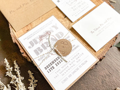Country Farm Barn Wedding Invitation with Twine and Round Monogram Tag