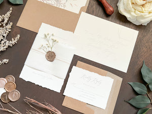 Elegant Ivory Baby’s Breath Wedding Invitation with Deckled Edging, Vellum Belly Band and Wax Seal