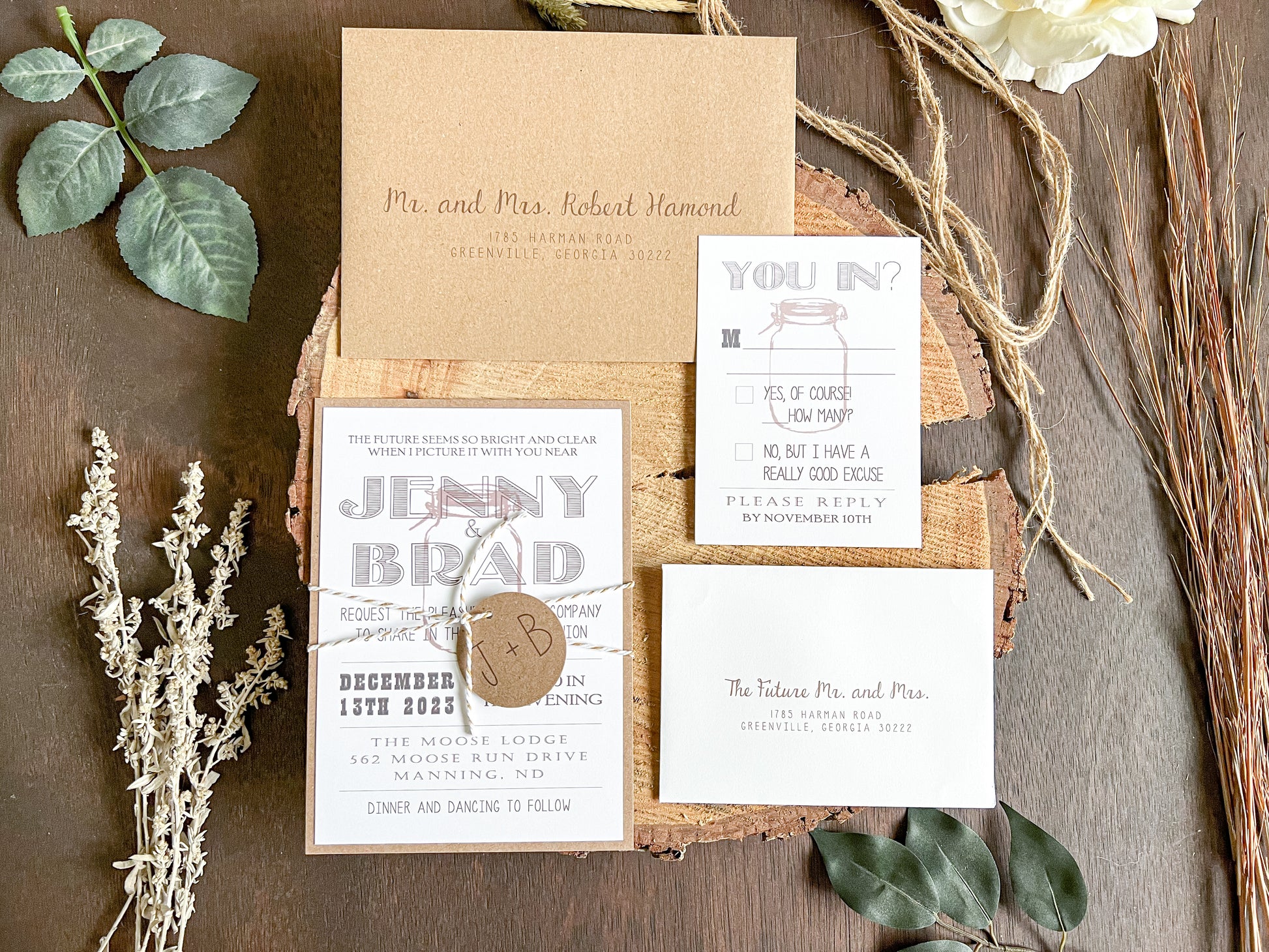Country Farm Barn Wedding Invitation with Twine and Round Monogram Tag