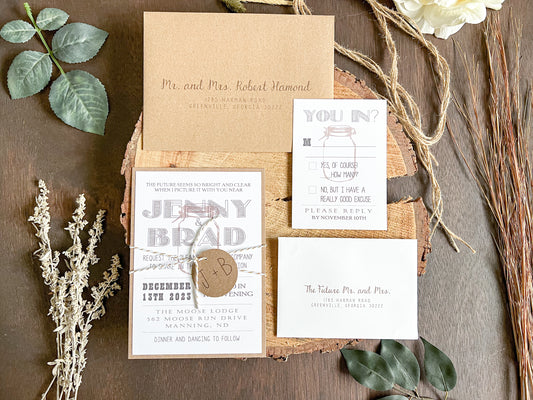 Country Farm Barn Wedding Invitation with Twine and Round Monogram Tag