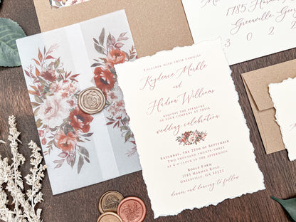 Boho Wedding Invitation with Copper, Rust Burnt Orange Flowers, Deckled Edging, Vellum & Wax Seal