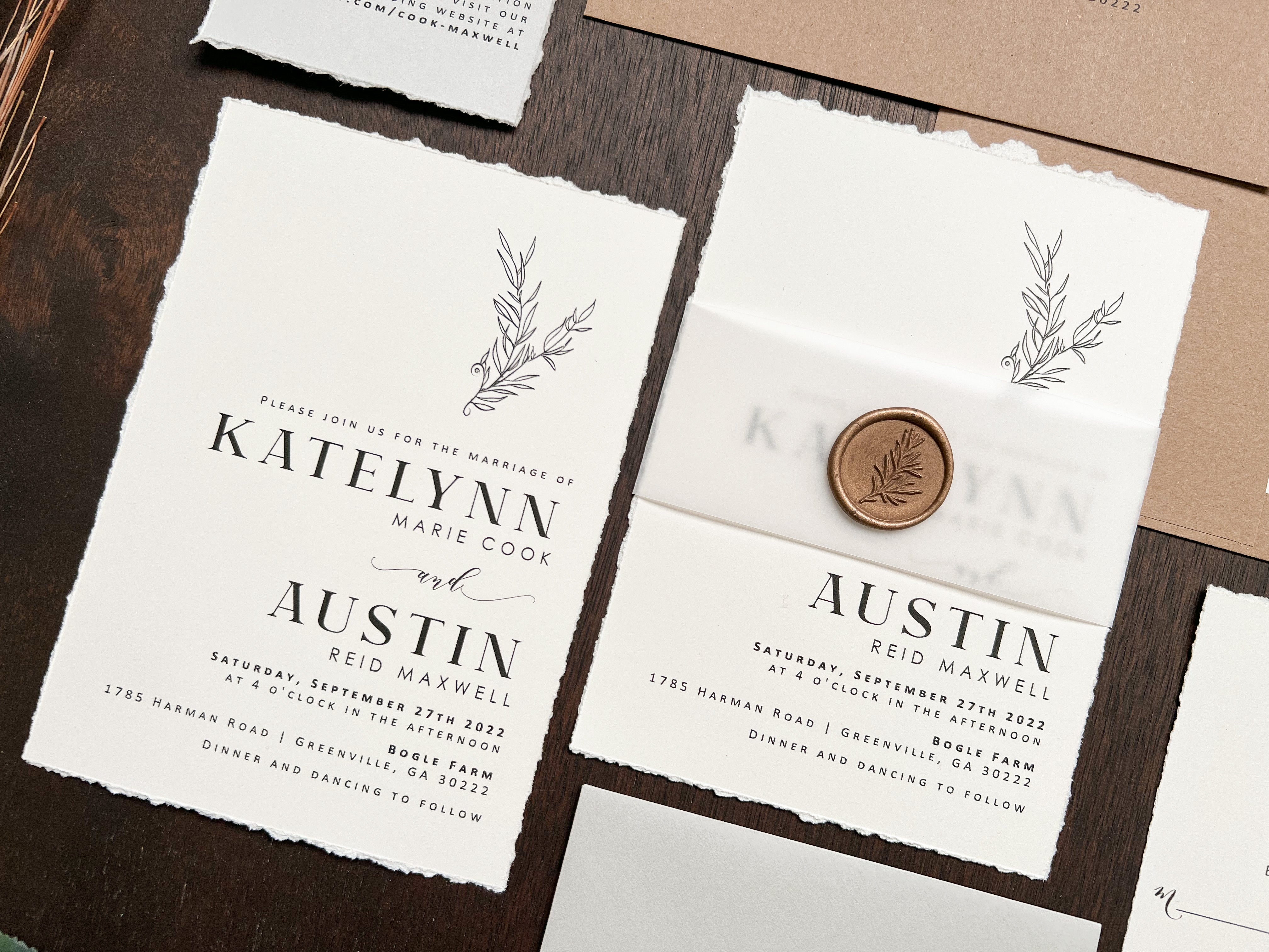 Contemporary Boho Wedding Invitation with Deckled Edging, Vellum and Wax Seal