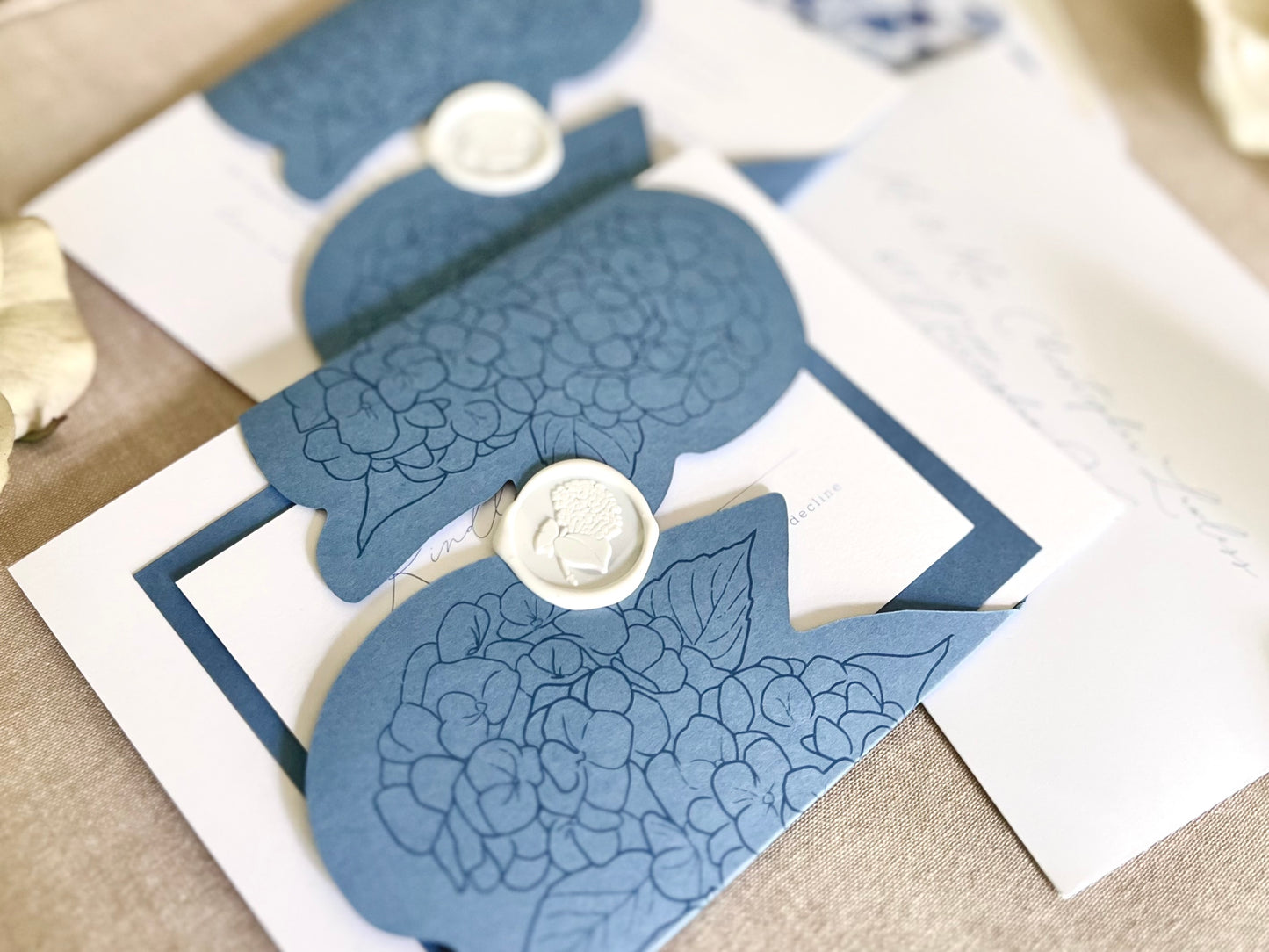 Hydrangea Wedding Invitation with Die Cut Wrap & Wax Seal