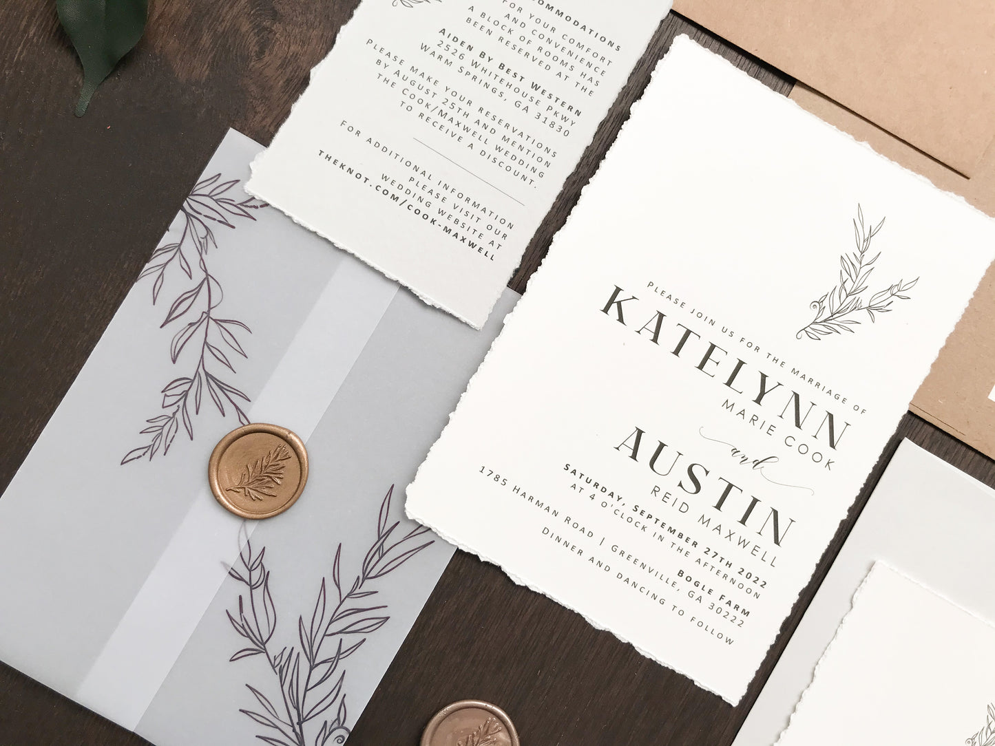 Contemporary Modern Boho Wedding Invitation with Deckled Edging, Vellum and Antique Gold Wax Seal