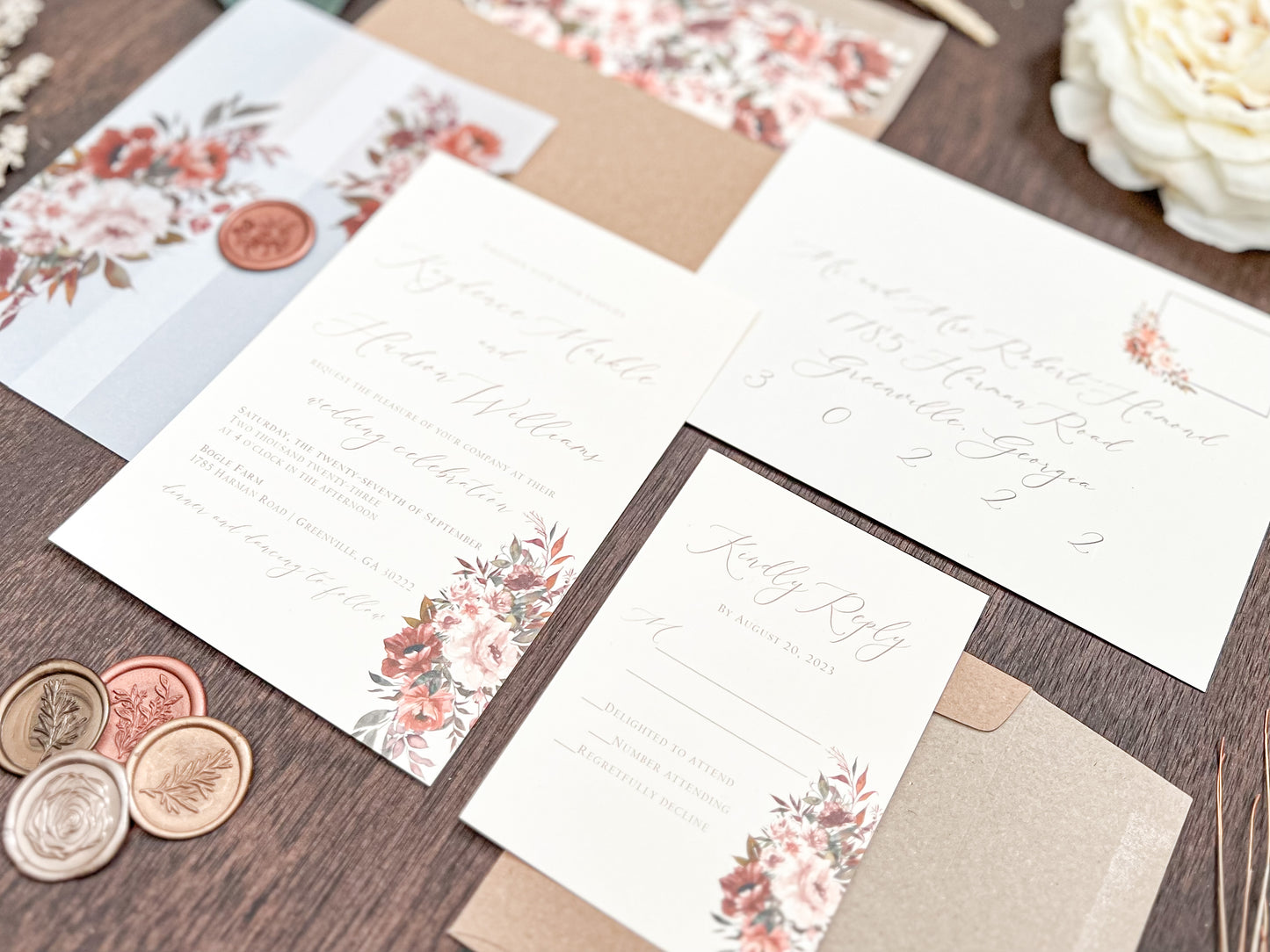 Copper Boho Wedding Invitation with Burnt Orange, Terracotta & Blush Flowers, wrapped in Vellum & Wax Seal