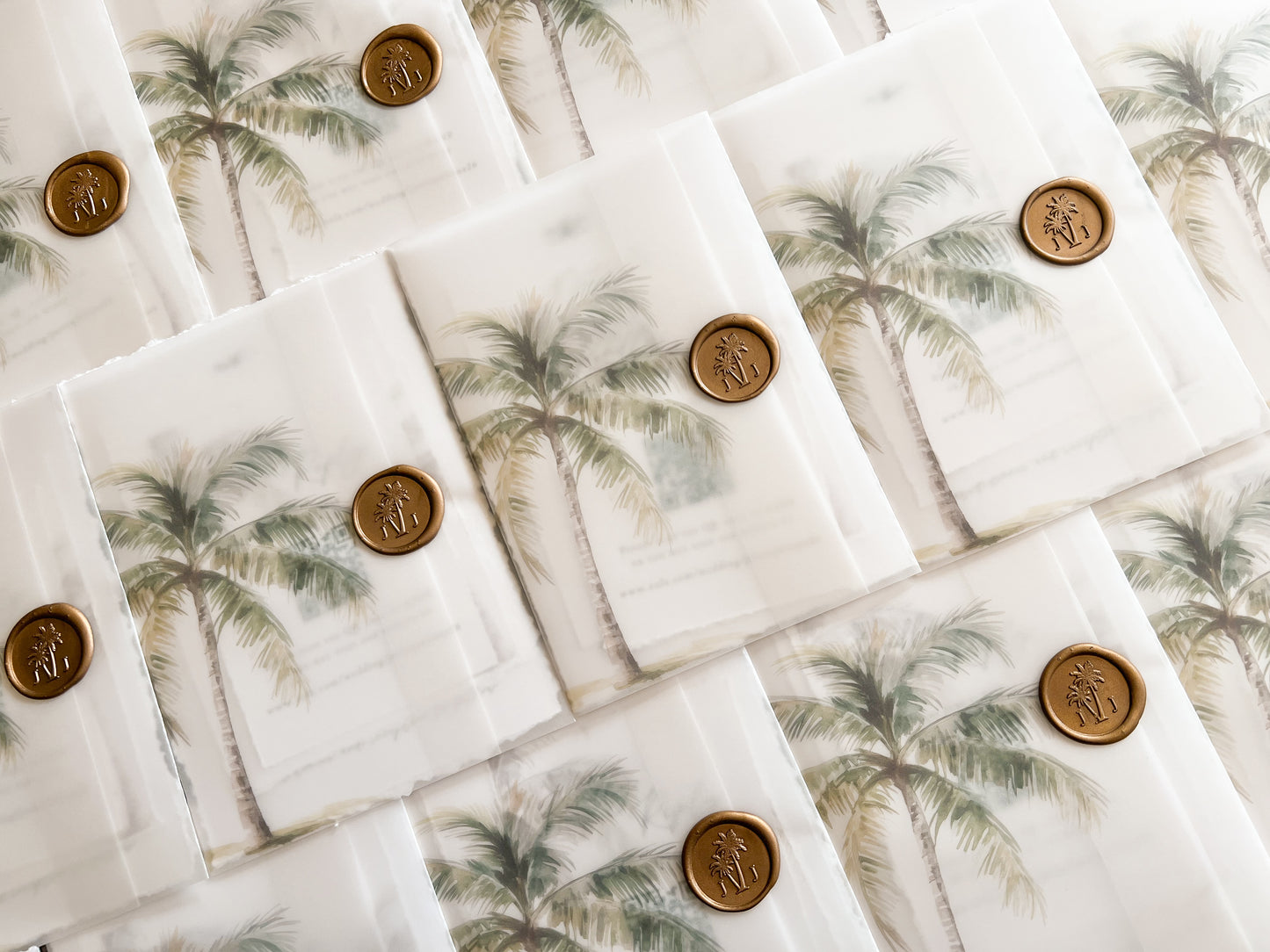 Tropical Wedding Invitation with Palm Tree, Vellum & Wax Seal