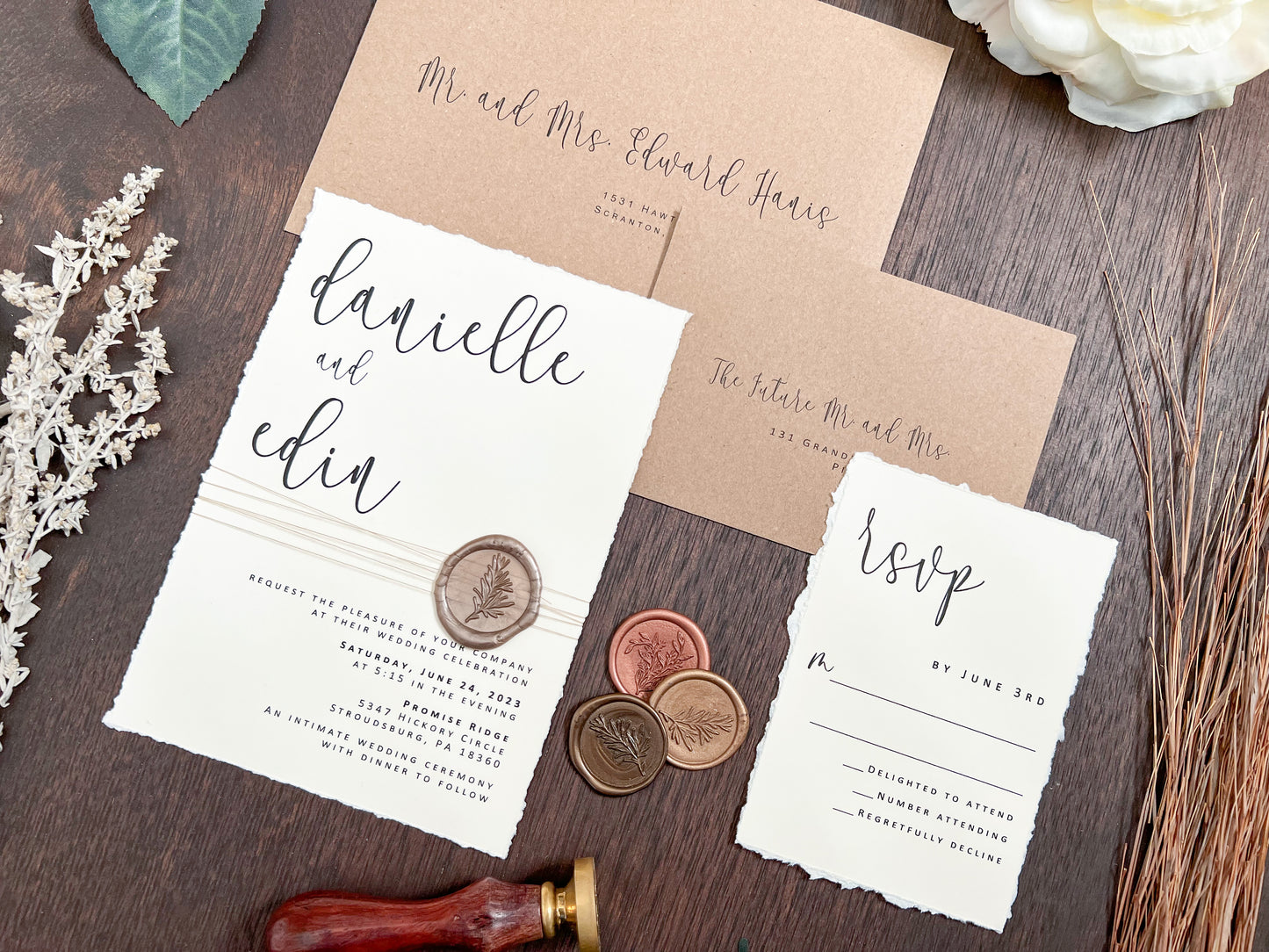 Simple Ivory Wedding Invitation with Deckled Edge, Wax Seal & Thread