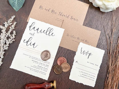 Simple Ivory Wedding Invitation with Deckled Edge, Wax Seal & Thread