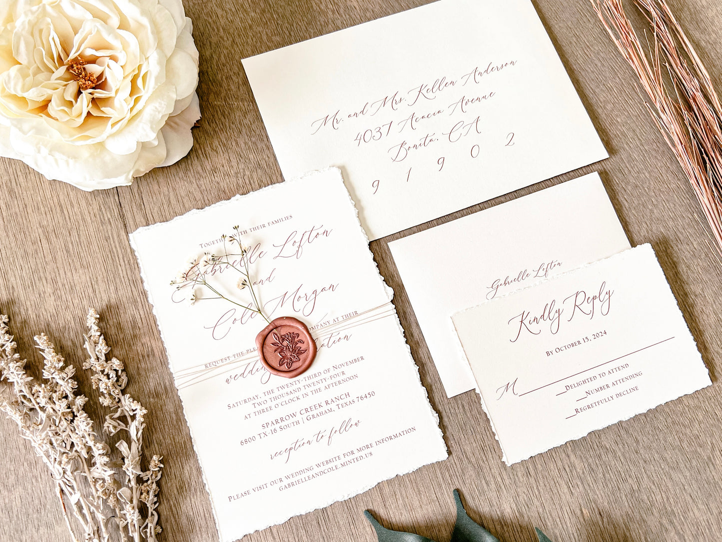 Ivory Baby’s Breath Wedding Invitation with Deckled Edging, Khaki Thread and Copper Wax Seal