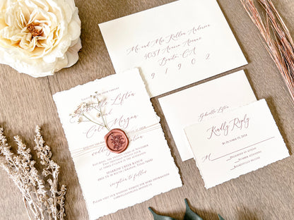 Ivory Baby’s Breath Wedding Invitation with Deckled Edging, Khaki Thread and Copper Wax Seal