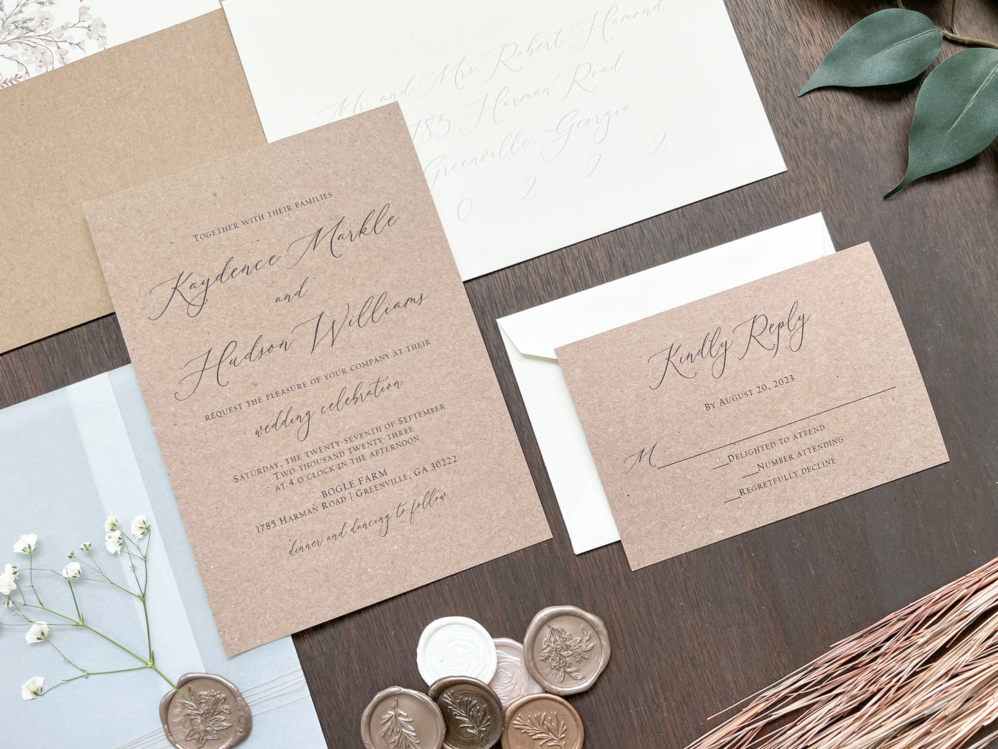 Rustic Baby’s Breath Wedding Invitation with Vellum Wrap and Wax Seal