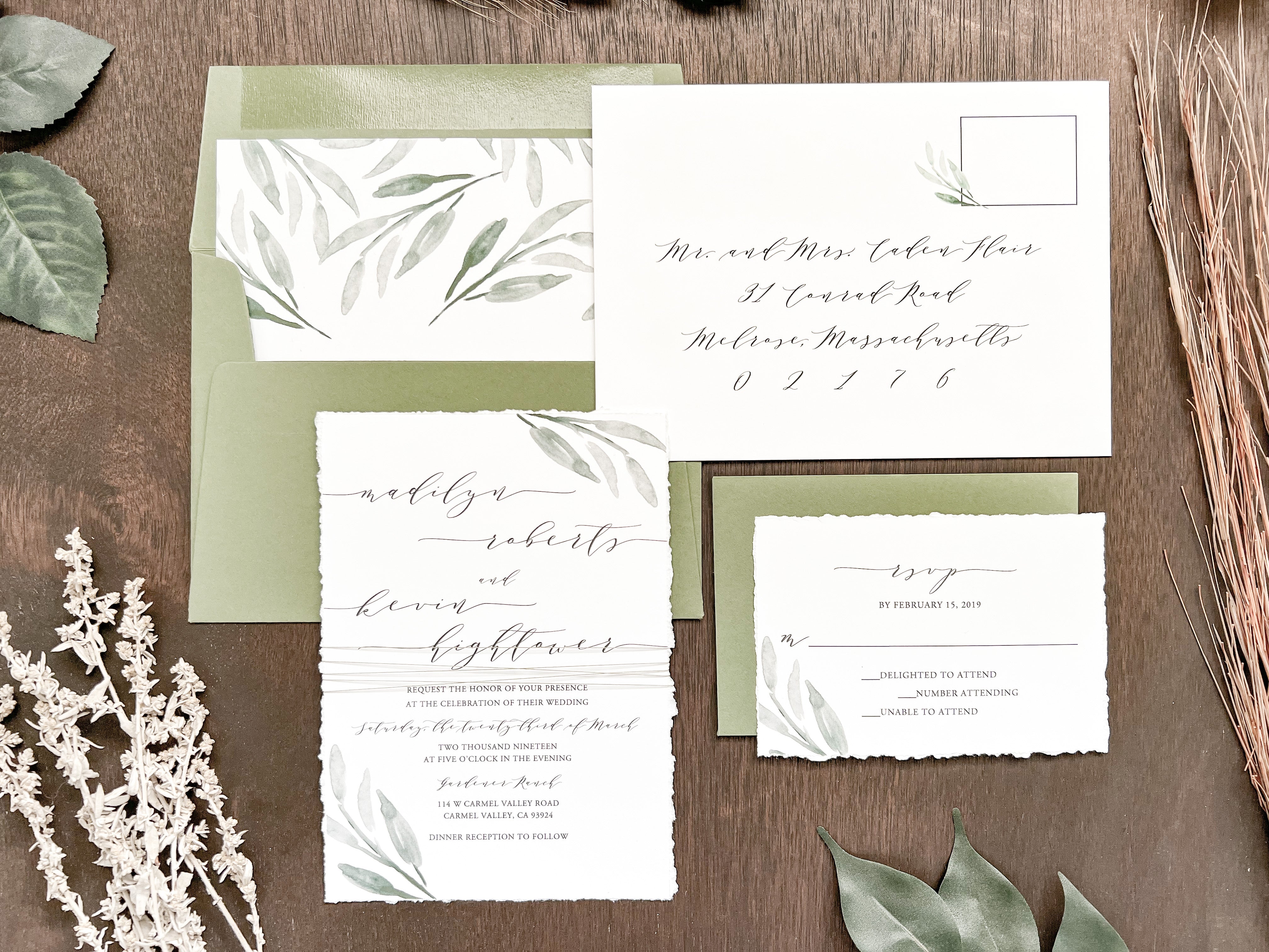 Greenery Wedding Invitation Wrapped in Thread