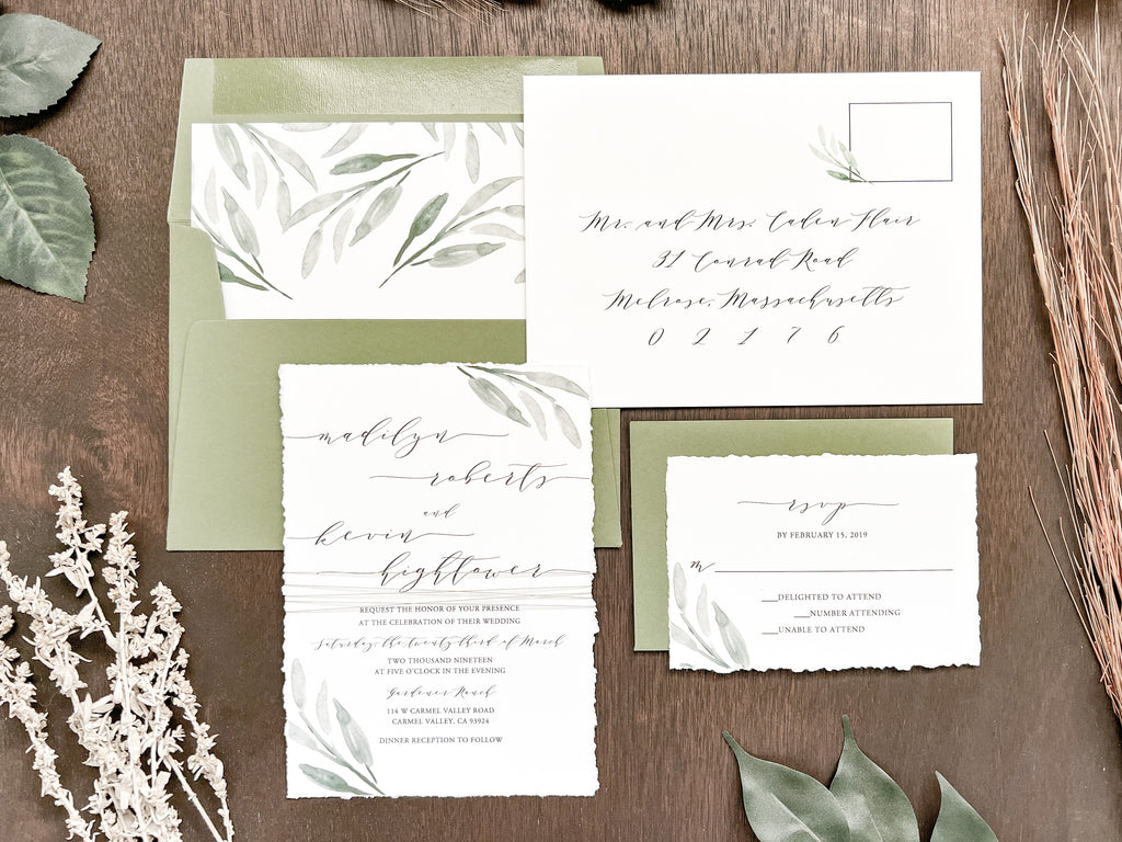 Greenery Wedding Invitation Wrapped in Thread