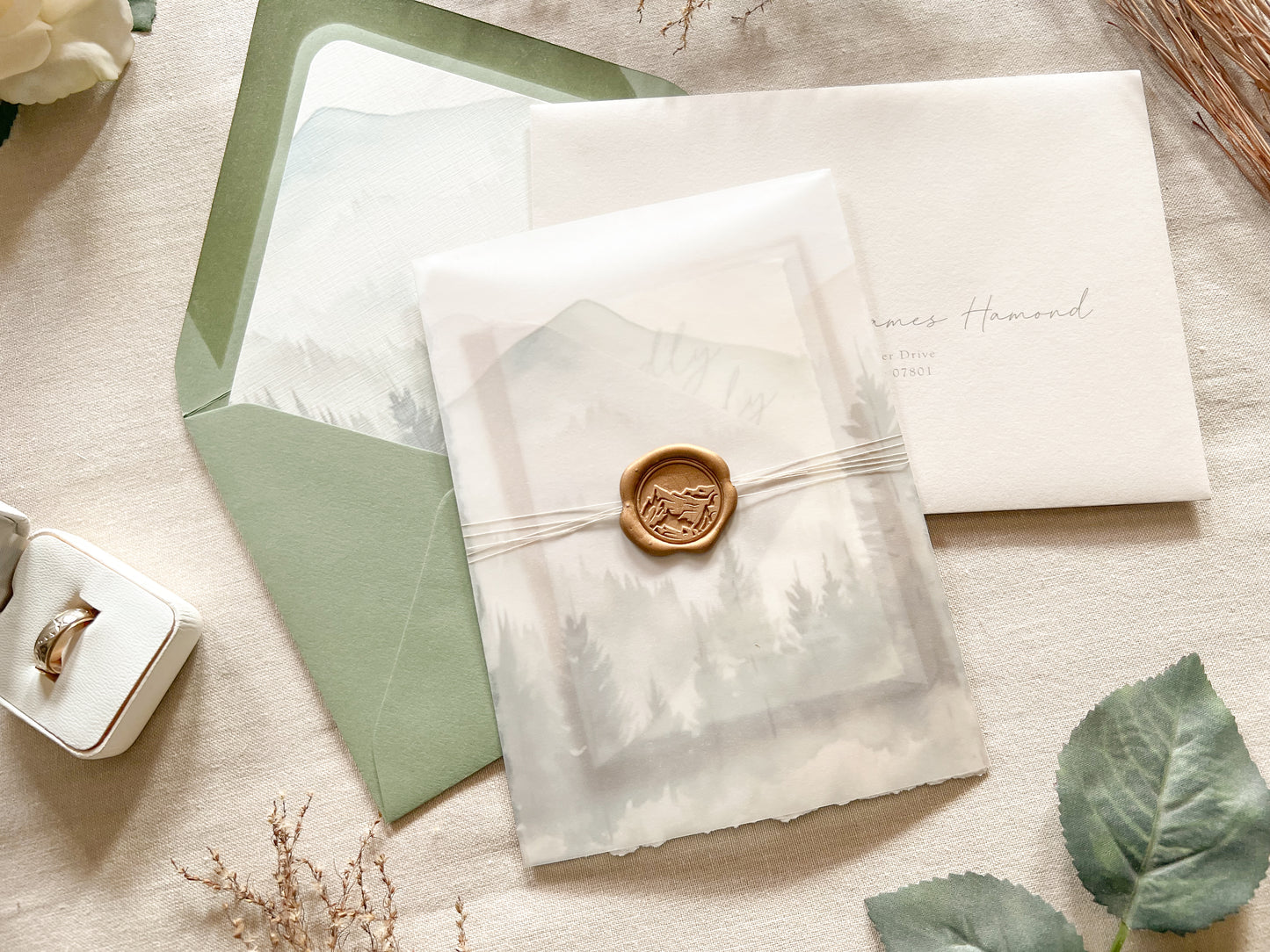 Mountain Wedding Invitation with Vellum, Deckled Edge & Wax Seal