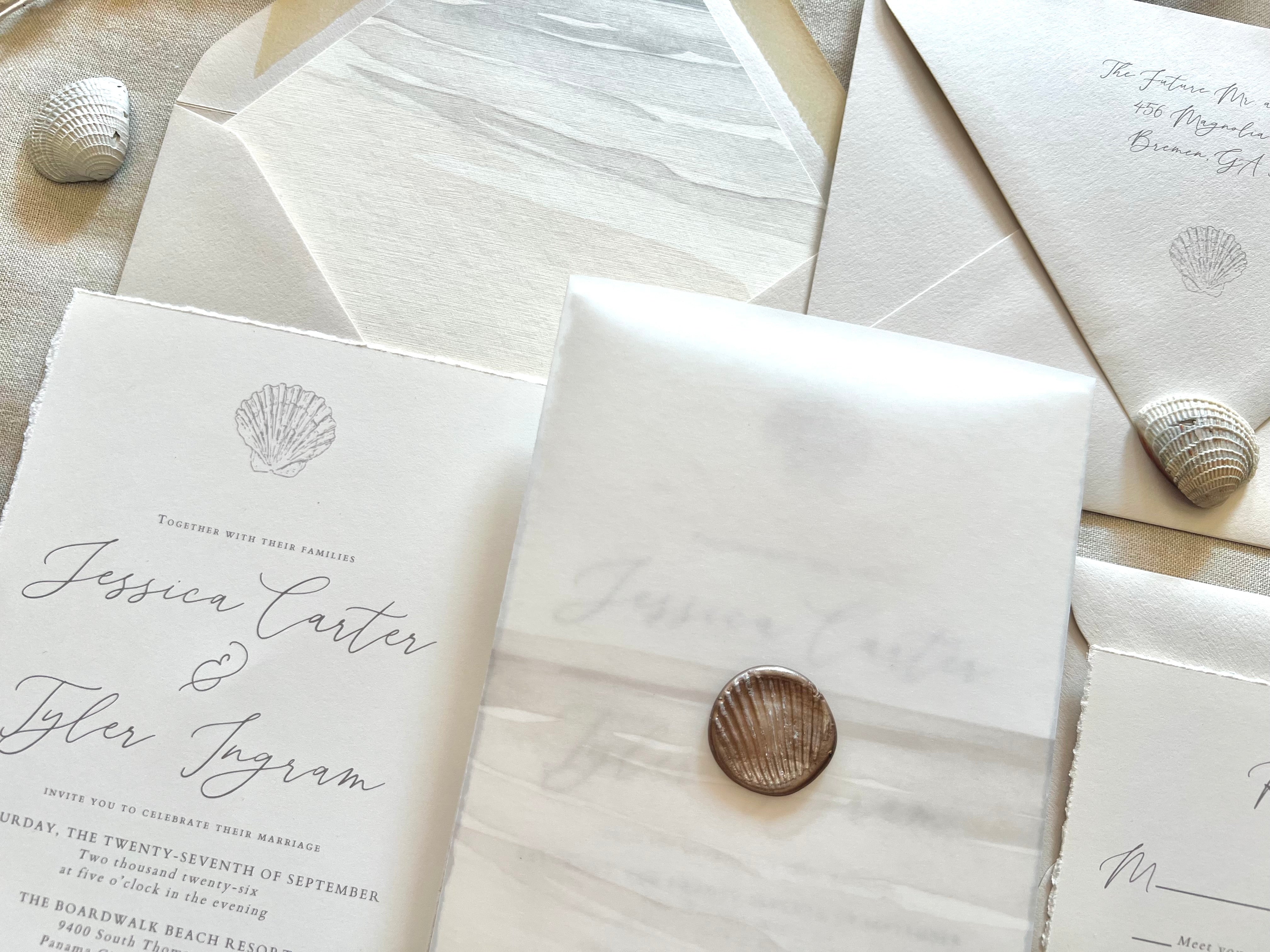Beach Wedding Invitation with Vellum & Seashell Wax Seal – Creative ...