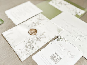 Simple Greenery Wedding Invitation with Eucalyptus, Deckled Edging, Vellum & Wax Seal