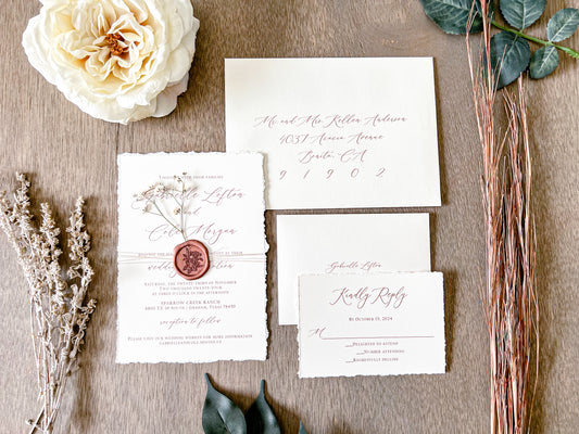 Ivory Baby’s Breath Wedding Invitation with Deckled Edging, Khaki Thread and Copper Wax Seal