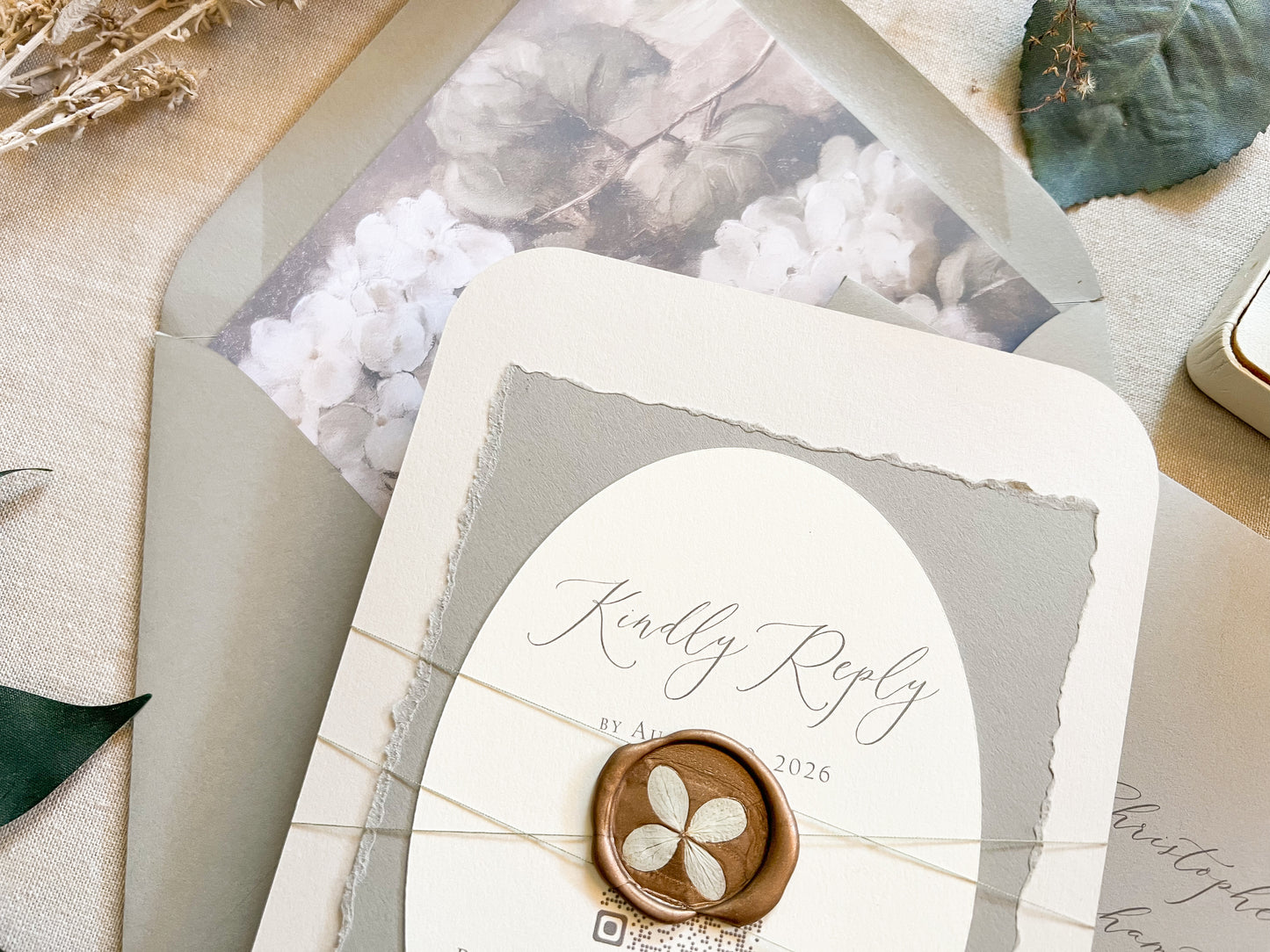Hydrangea Wedding Invitation with Wax Seal