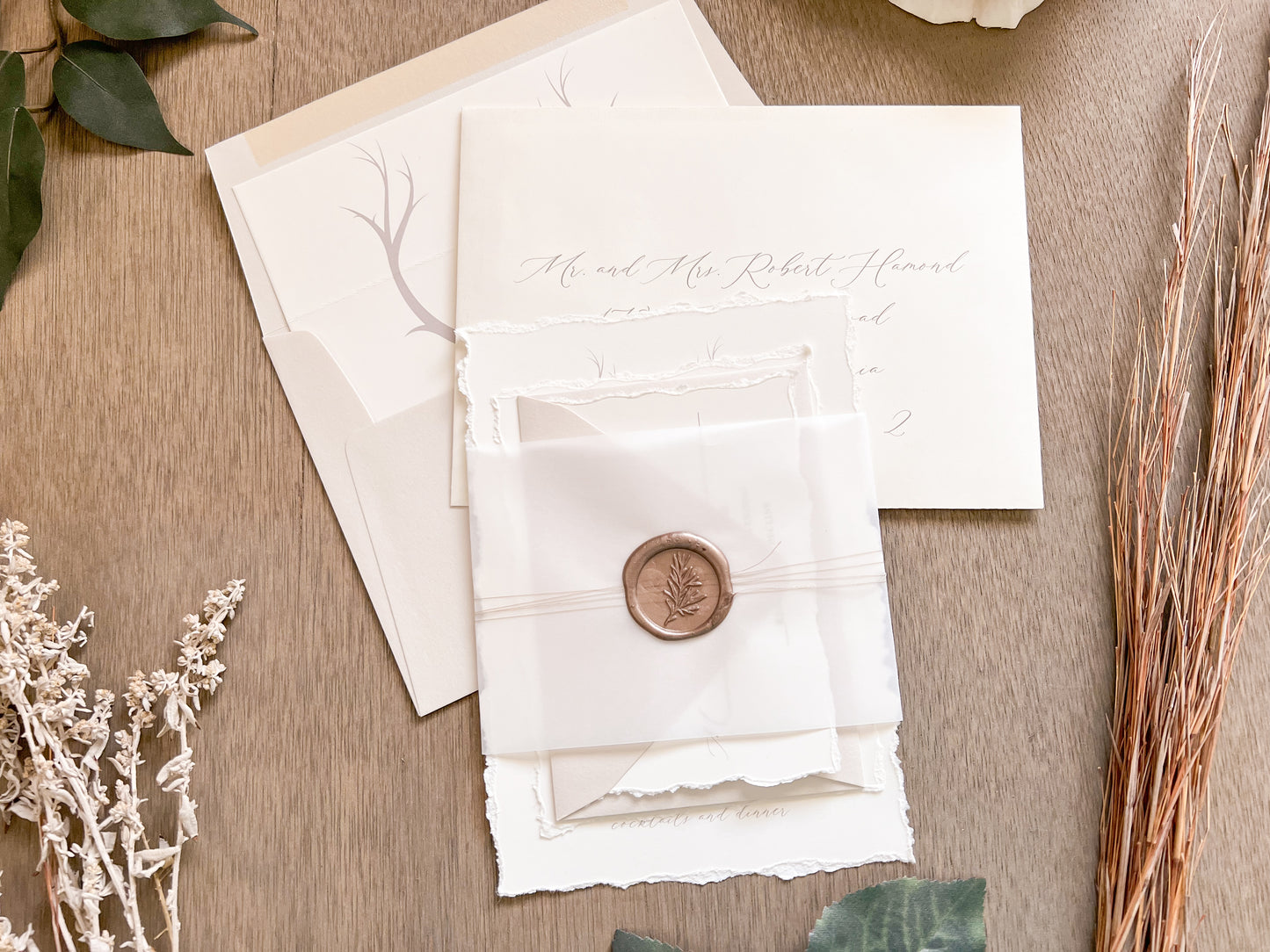 Antler Wedding Invitation with Deckled Edging, Vellum Belly Band and Wax Seal