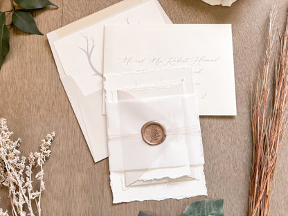 Antler Wedding Invitation with Deckled Edging, Vellum Belly Band and Wax Seal