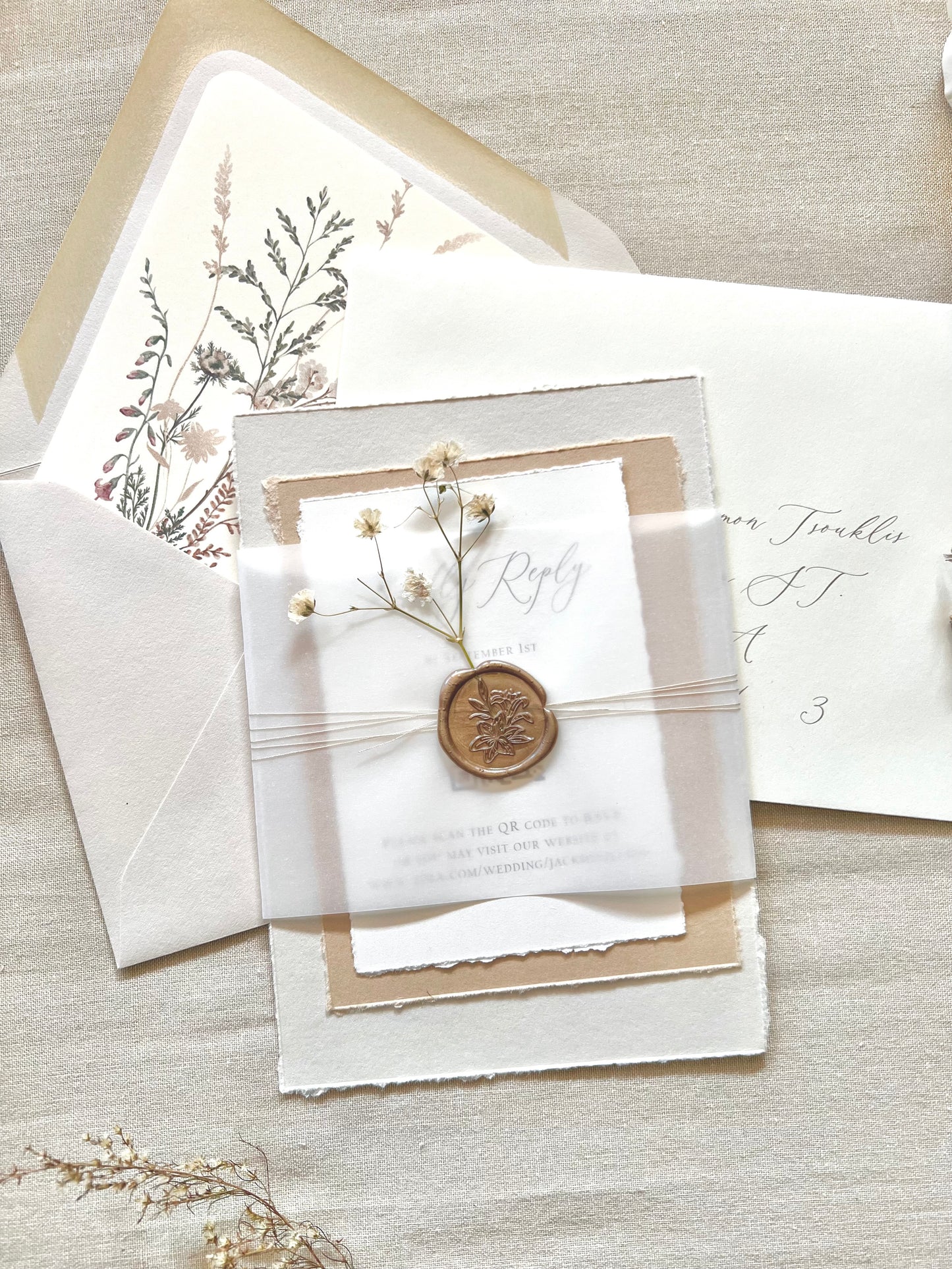 Neutral Baby’s Breath Wedding Invitation with Deckled Edging, Vellum and Wax Seal