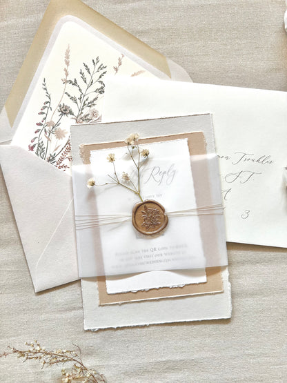 Neutral Baby’s Breath Wedding Invitation with Deckled Edging, Vellum and Wax Seal