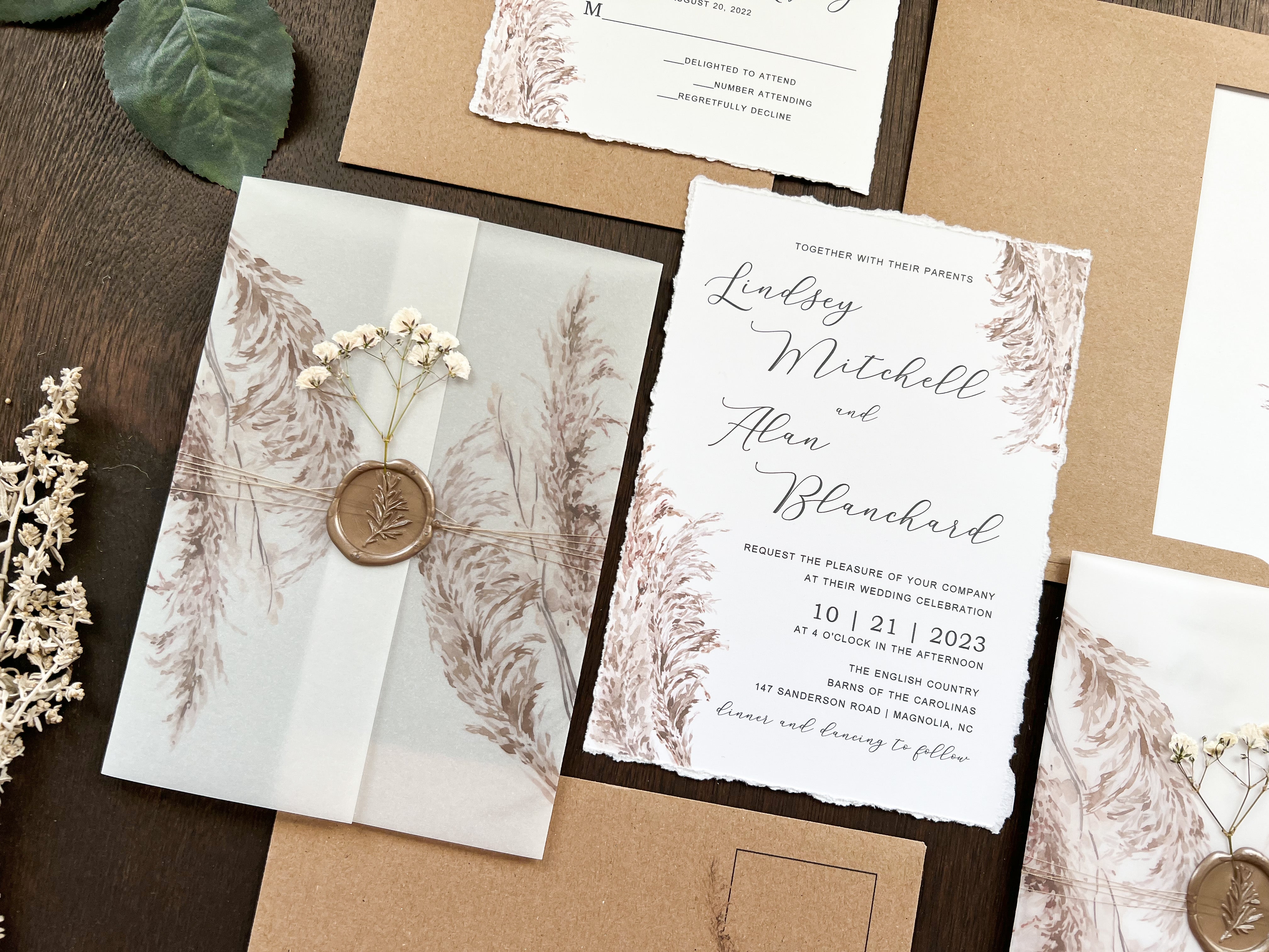 Pampas Grass and Baby’s Breath Wedding Invitation with Deckled Edge, Boho Vellum with Wax Seal
